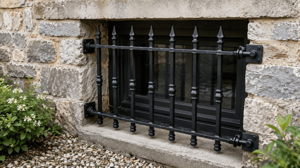 Fenêtre protégée par une grille en fer