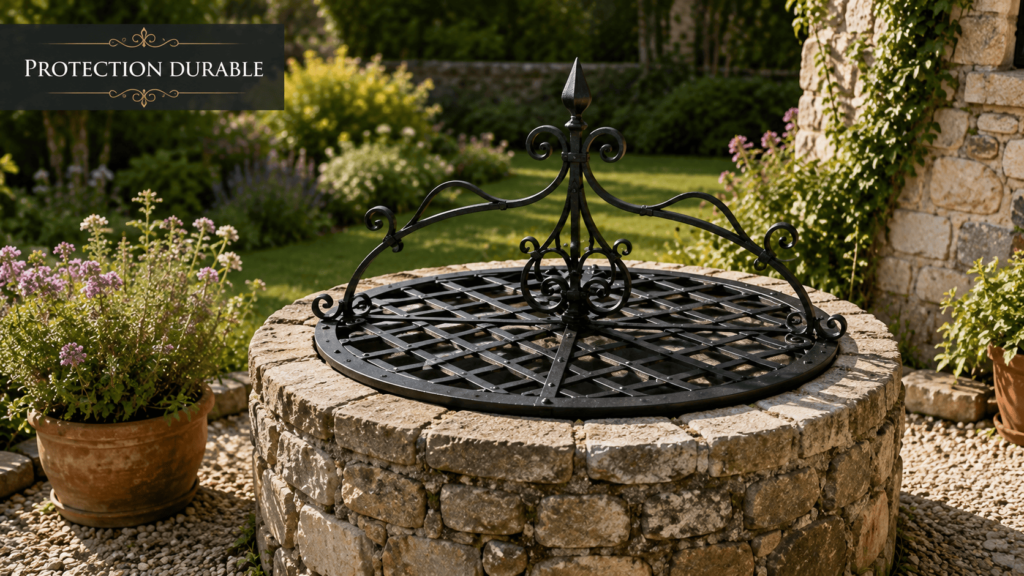 Jardin rustique avec puits en pierre